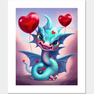 Cute Valentine Blue Dragon Posters and Art